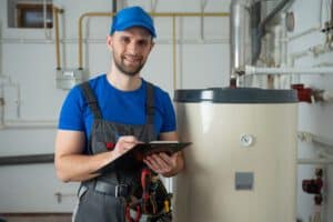 Technician servicing an hot-water heater. Man check equipment of the boiler-house - thermometer