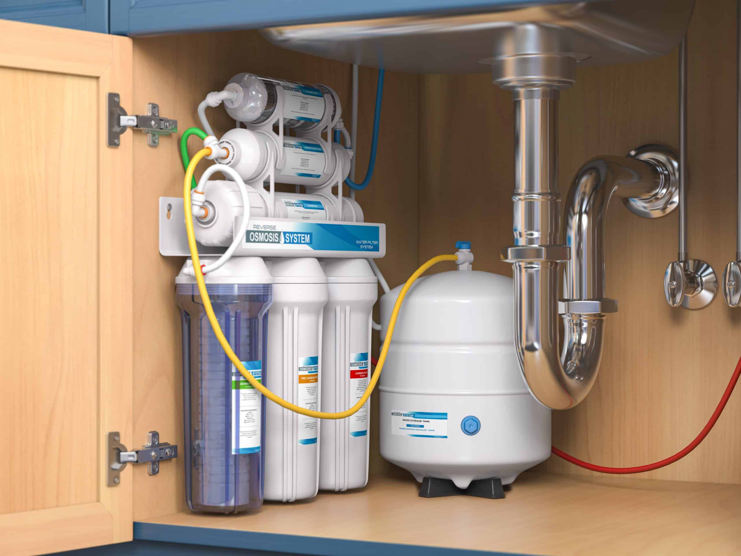 water purification system under sink in a kitchen. Water cleaning system installation. 3d illustration